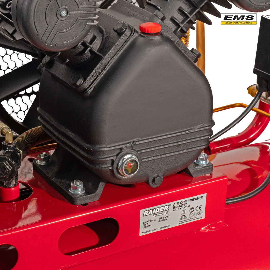 WWW.EMS.BG - ЕМС ГРУП ООД РУСЕ - МАГАЗИН ЗА МАЙСТОРИ - КОМПРЕСОР 100л. 1,5kw 230v 170L/min 8bar 2 ЦИЛ. РЕМЪК RD-AC17 RAIDER 120117 WWW.EMS.BG - ЕМС ГРУП ООД РУСЕ - МАГАЗИН ЗА МАЙСТОРИ - КОМПРЕСОР 100л. 1,5kw 230v 170L/min 8bar 2 ЦИЛ. РЕМЪК RD-AC17 RAIDER 120117