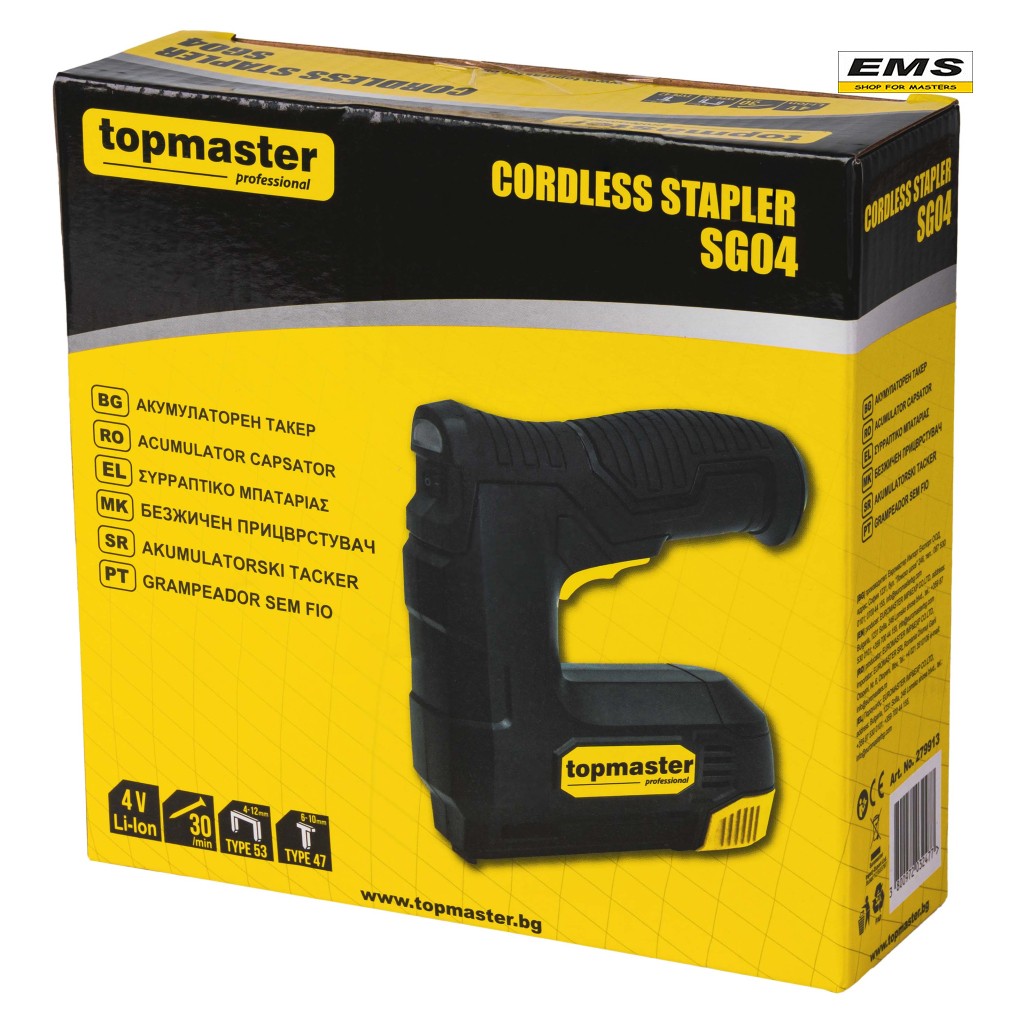 WWW.EMS.BG - МАГАЗИН ЗА МАЙСТОРИ - ЕМС ГРУП ООД РУСЕ - ТАКЕР АКУМУЛАТОРЕН SG04 4V TOPMASTER PROFESSIONAL 279913