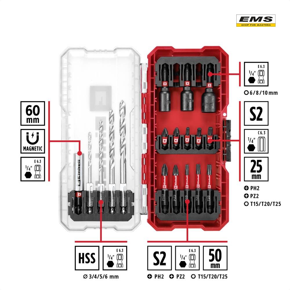 WWW.EMS.BG - ЕМС ГРУП ООД РУСЕ - МАГАЗИН ЗА МАЙСТОРИ - КОМПЛЕКТ УДАРНИ НАКРАЙНИЦИ И СВРЕДЛА 18бр. EINHELL 108709 WWW.EMS.BG - ЕМС ГРУП ООД РУСЕ - МАГАЗИН ЗА МАЙСТОРИ - КОМПЛЕКТ УДАРНИ НАКРАЙНИЦИ И СВРЕДЛА 18бр. EINHELL 108709
