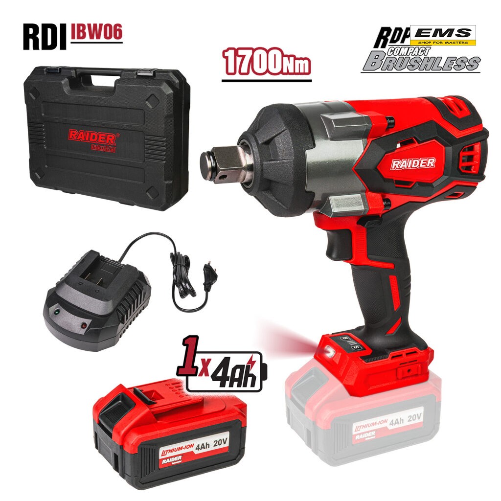 WWW.EMS.BG - ЕМС ГРУП ООД РУСЕ - МАГАЗИН ЗА МАЙСТОРИ - ГАЙКОВЕРТ УДАРЕН 3/4'' 20V 1700Nm 3-ск.4Ah LED BL RDI-IBW06 RAIDER 031306