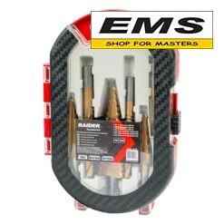 WWW.EMS.BG - МАГАЗИН ЗА МАЙСТОРИ - СВРЕДЛА СТЪПАЛОВИДНИ 3бр. И ФРЕЗЕРИ Ø3,6,8мм TIN ЗА ЛАМАРИНА К-КТ RAIDER 150706